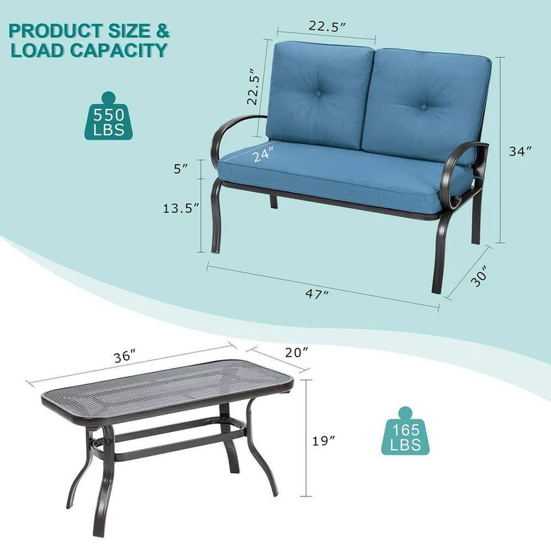 Black Metal Outdoor Patio Loveseat with Coffee Table and Blue Cushions