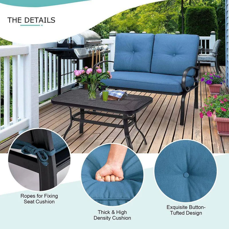 Black Metal Outdoor Patio Loveseat with Coffee Table and Blue Cushions