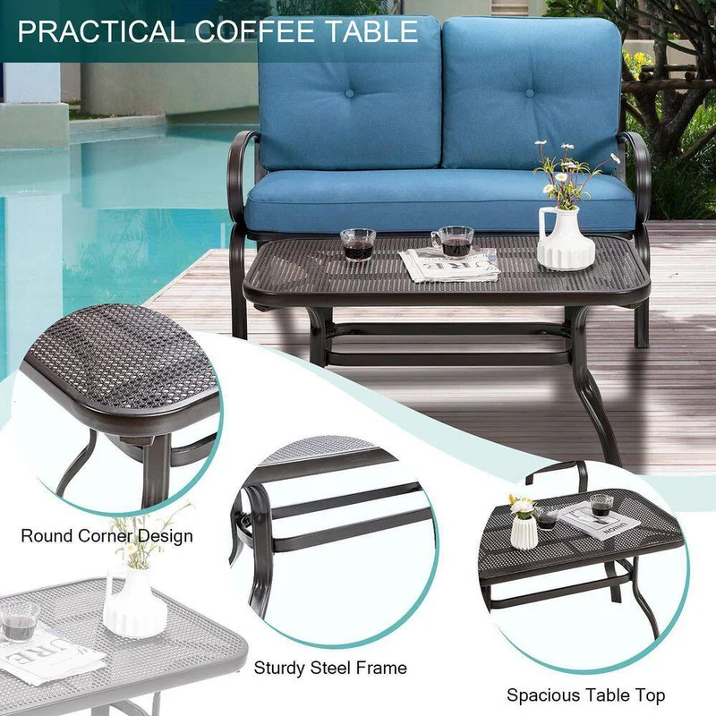 Black Metal Outdoor Patio Loveseat with Coffee Table and Blue Cushions