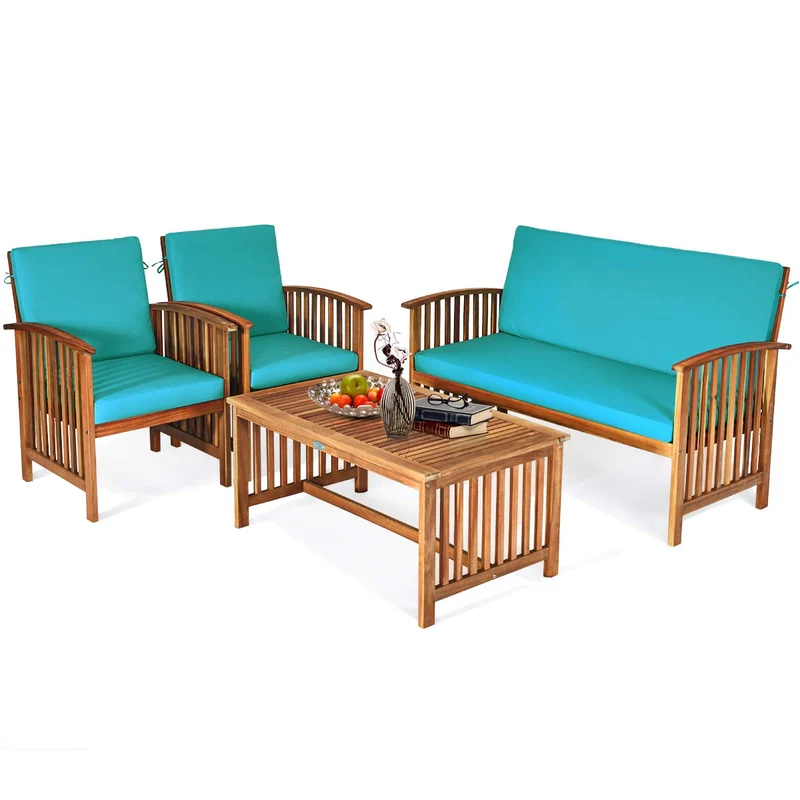 4-Piece Wood Outdoor Patio Conversation Seating Set with Turquoise Cushions