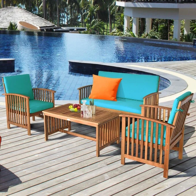 4-Piece Wood Outdoor Patio Conversation Seating Set with Turquoise Cushions