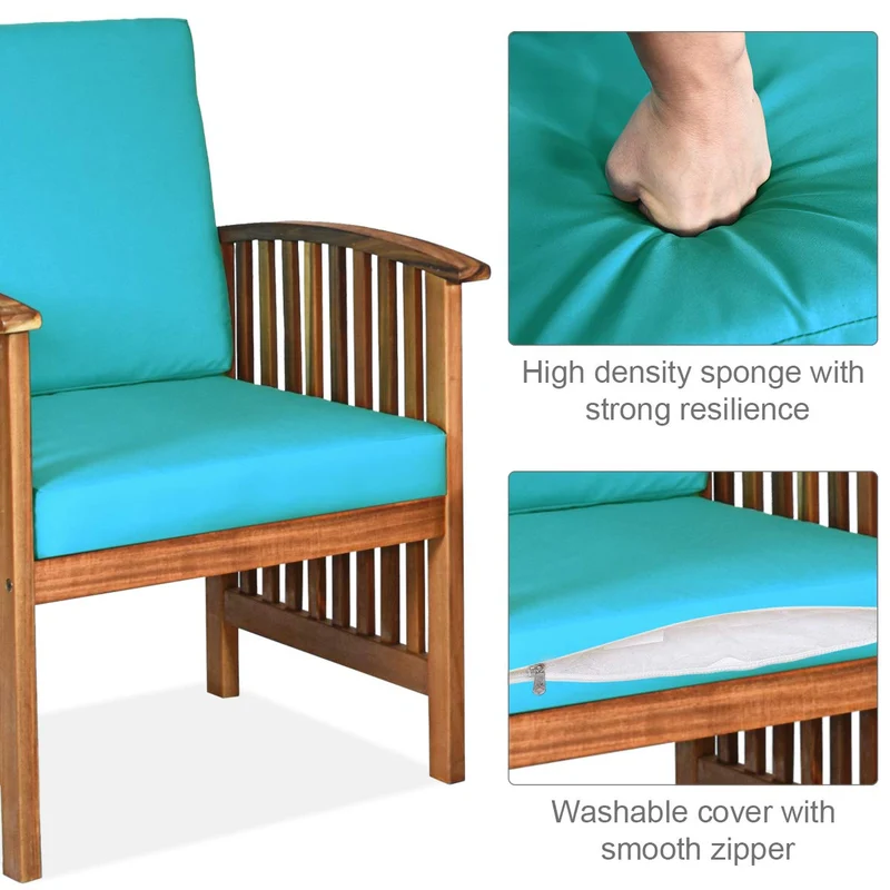4-Piece Wood Outdoor Patio Conversation Seating Set with Turquoise Cushions
