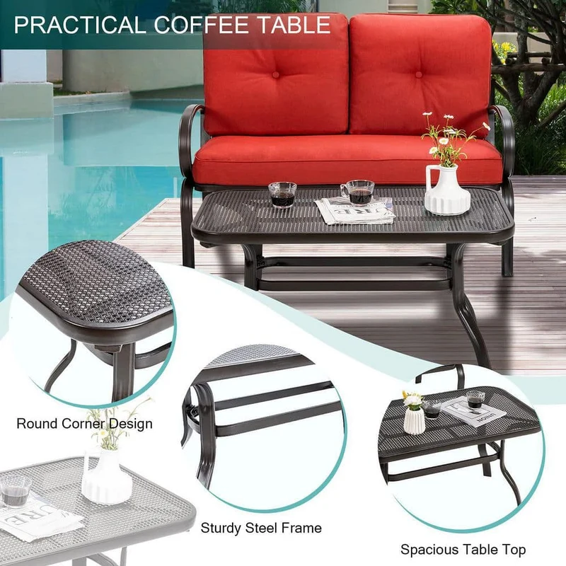Black Metal Outdoor Patio Loveseat with Coffee Table and Red Cushions
