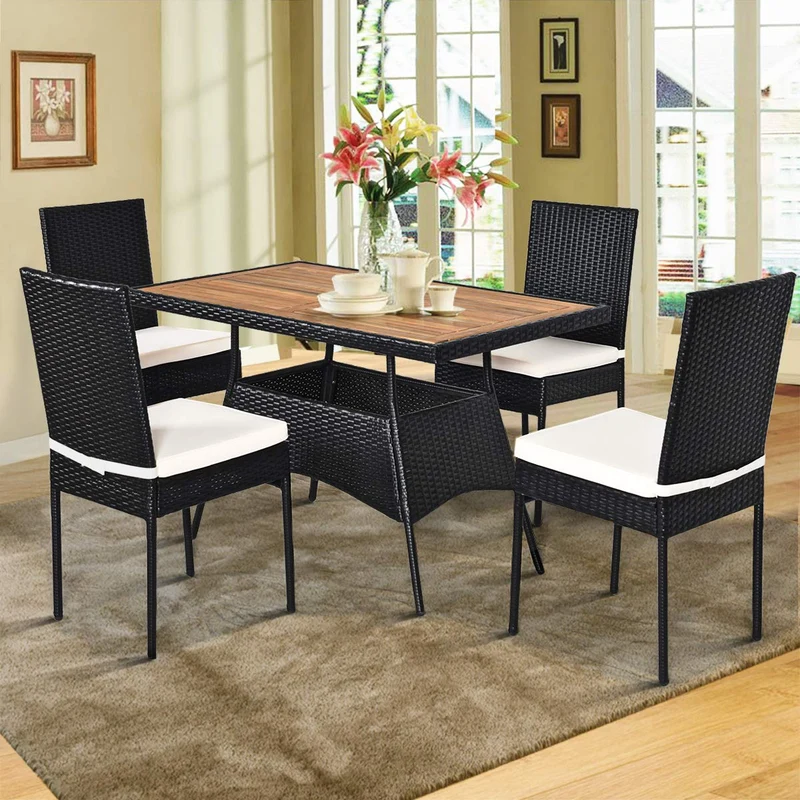 Black 5-Piece Wicker Rectangle Outdoor Dining Set with White Cushion and Arm Chair