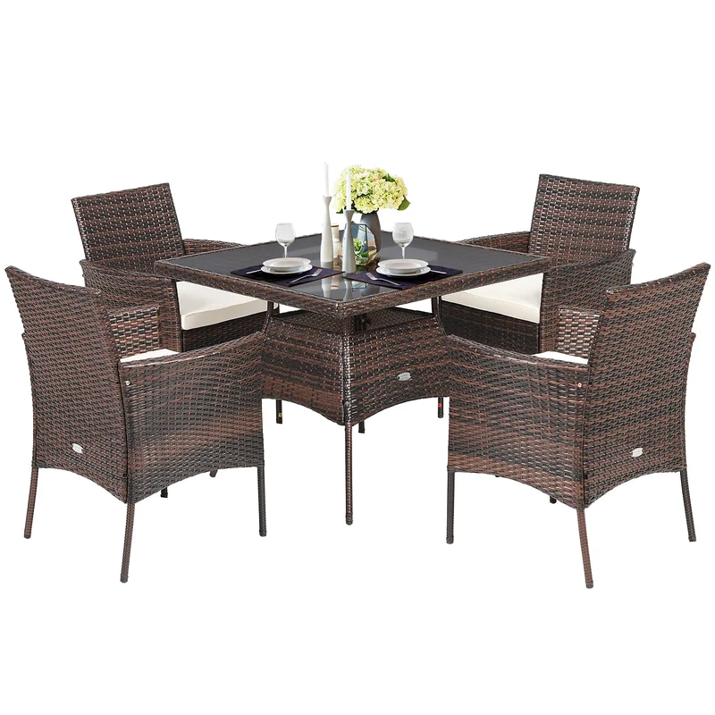 Brown 5-Piece Wicker Square Outdoor Dining Set with White Cushion and Arm Chair