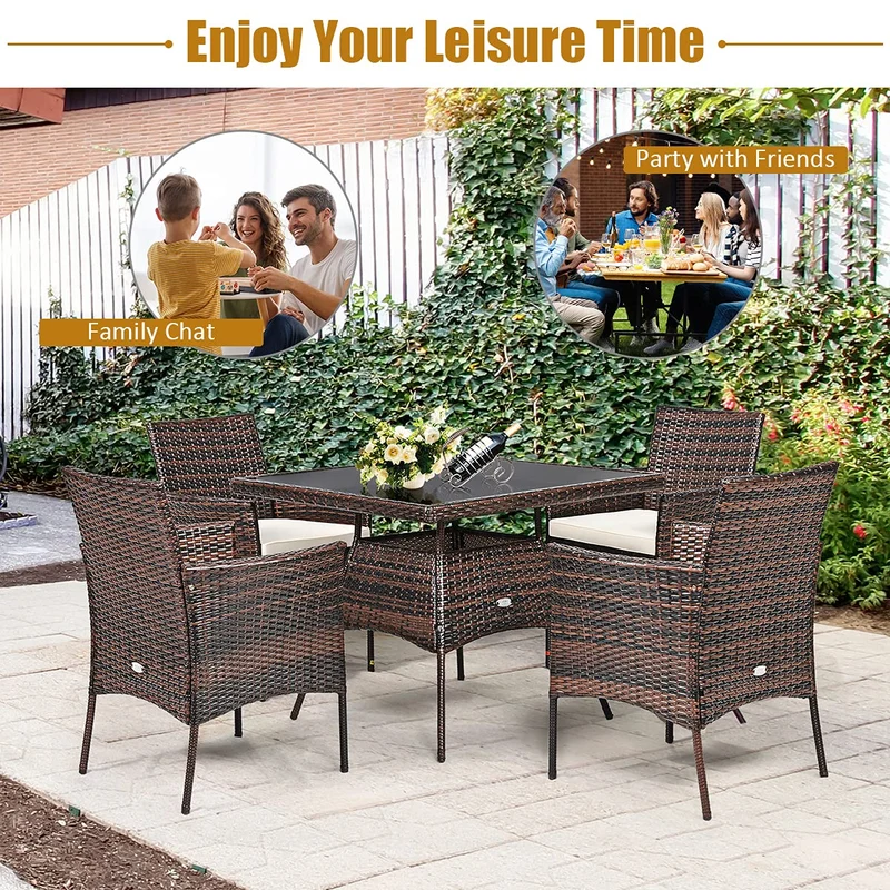 Brown 5-Piece Wicker Square Outdoor Dining Set with White Cushion and Arm Chair