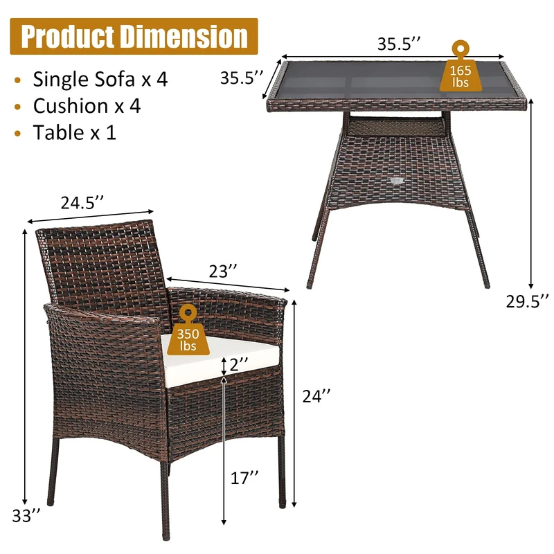 Brown 5-Piece Wicker Square Outdoor Dining Set with White Cushion and Arm Chair