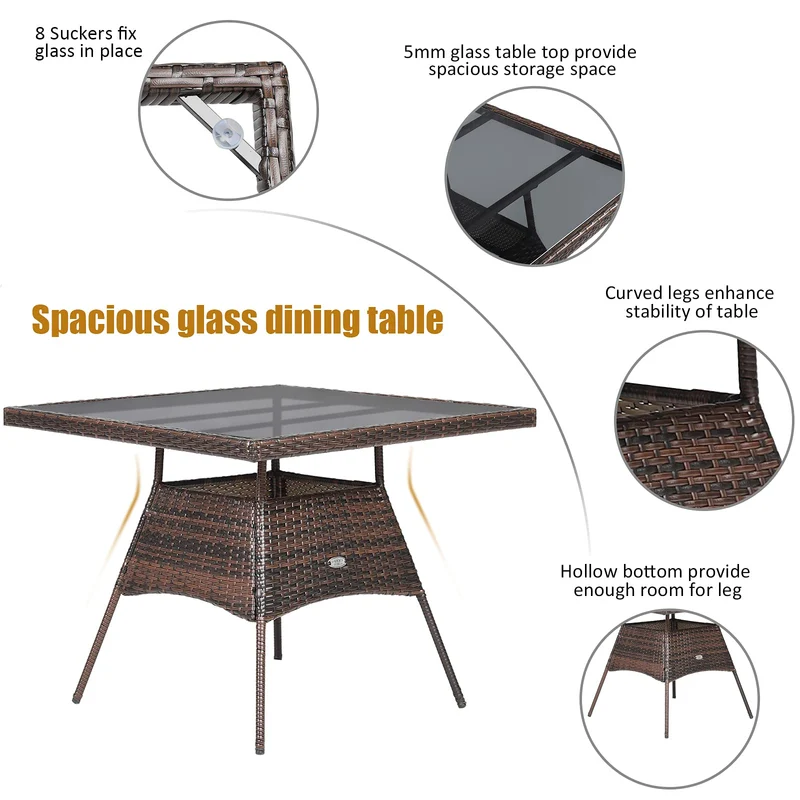 Brown 5-Piece Wicker Square Outdoor Dining Set with White Cushion and Arm Chair