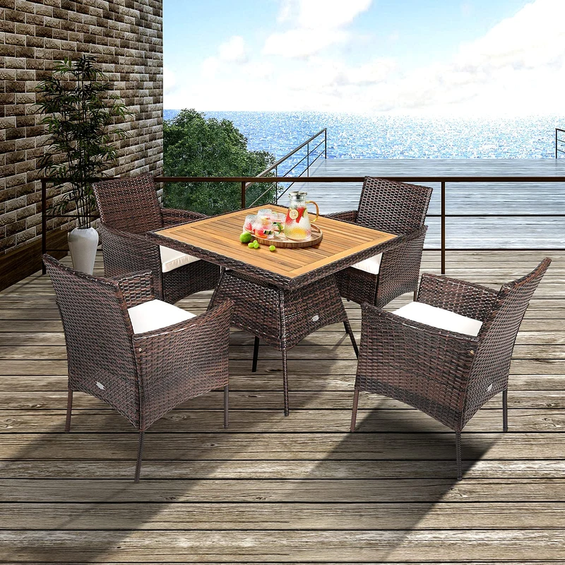 Brown 5-Piece Wicker Square Outdoor Dining Set with White Cushion and Arm Chair