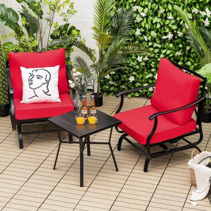 Red Metal 3-Piece Outdoor Rocking Chair Set with Coffee Table