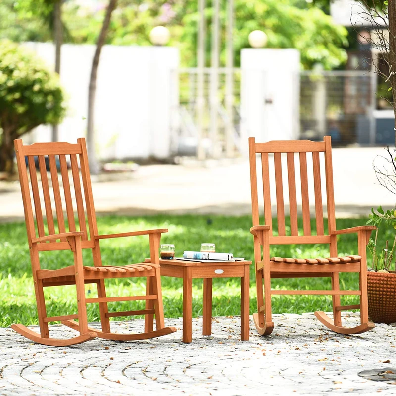 Natural 3-Pieces Wooden Patio Outdoor Rocking Chair Set