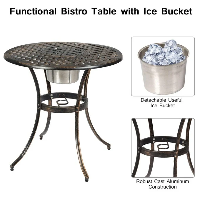 3-Piece Metal Outdoor Patio Bistro Set with Attached Removable Ice Bucket