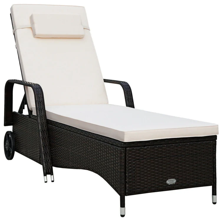 Brown Wicker Outdoor Chaise Lounge Recliner with Beige Cushions