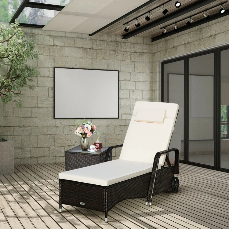 Brown Wicker Outdoor Chaise Lounge Recliner with Beige Cushions
