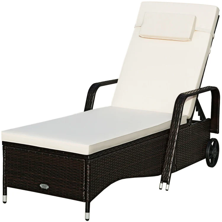 Brown Wicker Outdoor Chaise Lounge Recliner with Beige Cushions