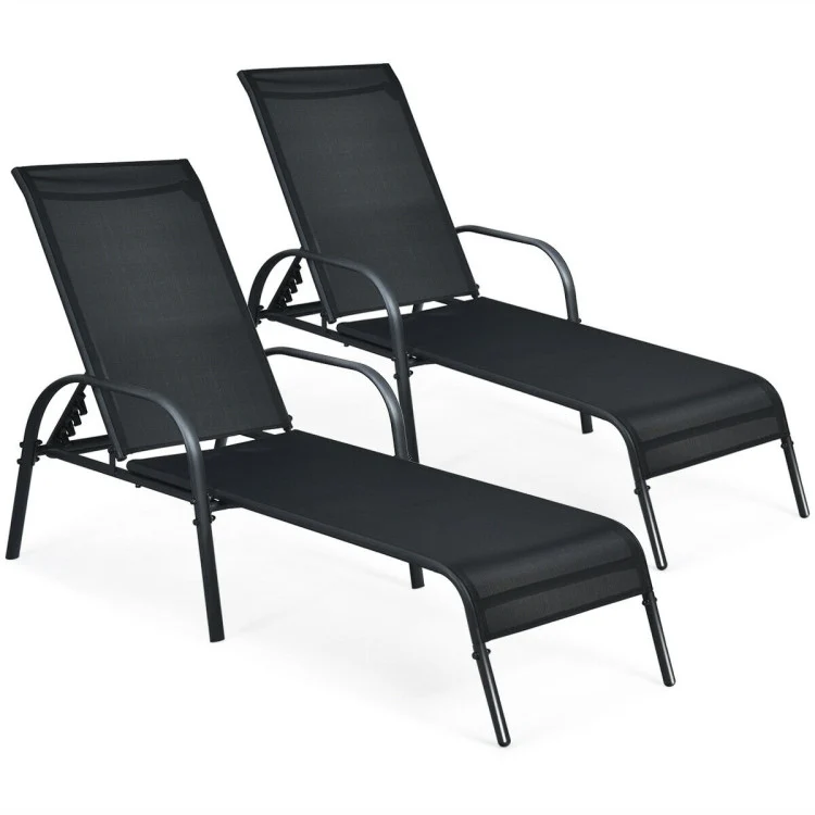 Black Set of 2-Pieces Metal Outdoor Chaise Lounge