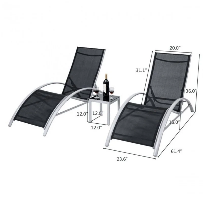 3-Piece Outdoor Metal Patio Adjustable Chaise Lounger Set