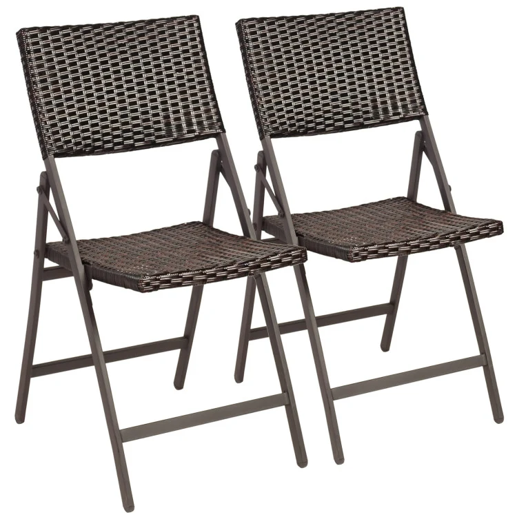 Brown Steel Folding Rattan Outdoor Dining Chair (Set of 2-Pieces)