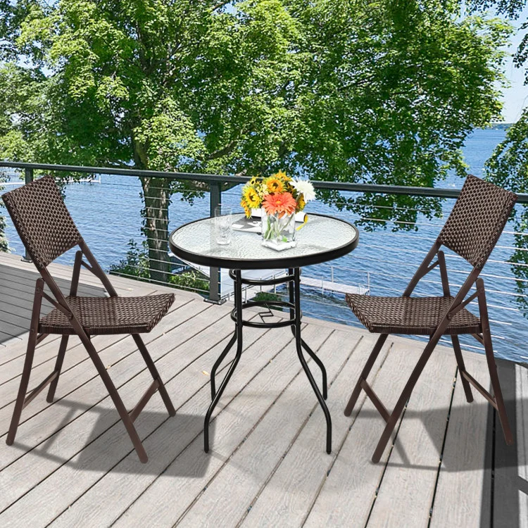 Brown Steel Folding Rattan Outdoor Dining Chair (Set of 2-Pieces)