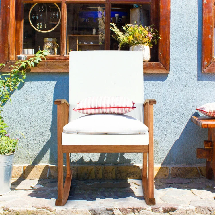 Acacia Wood Outdoor Rocking Chair with White Cushions