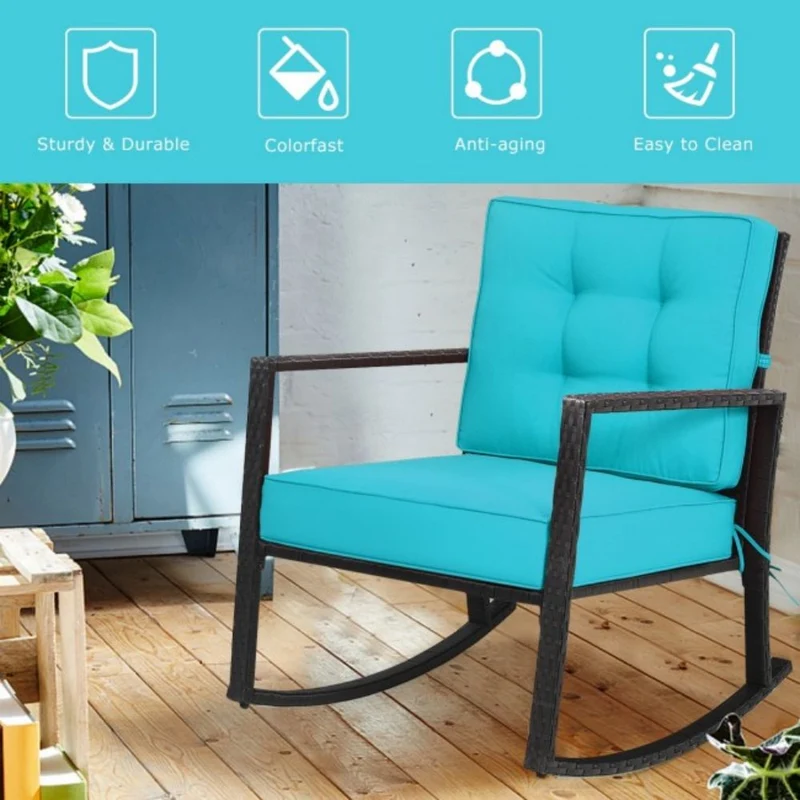 Patio Rattan Wicker Rocking Chair Outdoor Rocking Chair with Turquoise Cushions