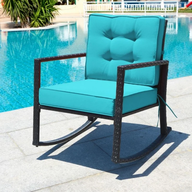 Patio Rattan Wicker Rocking Chair Outdoor Rocking Chair with Turquoise Cushions