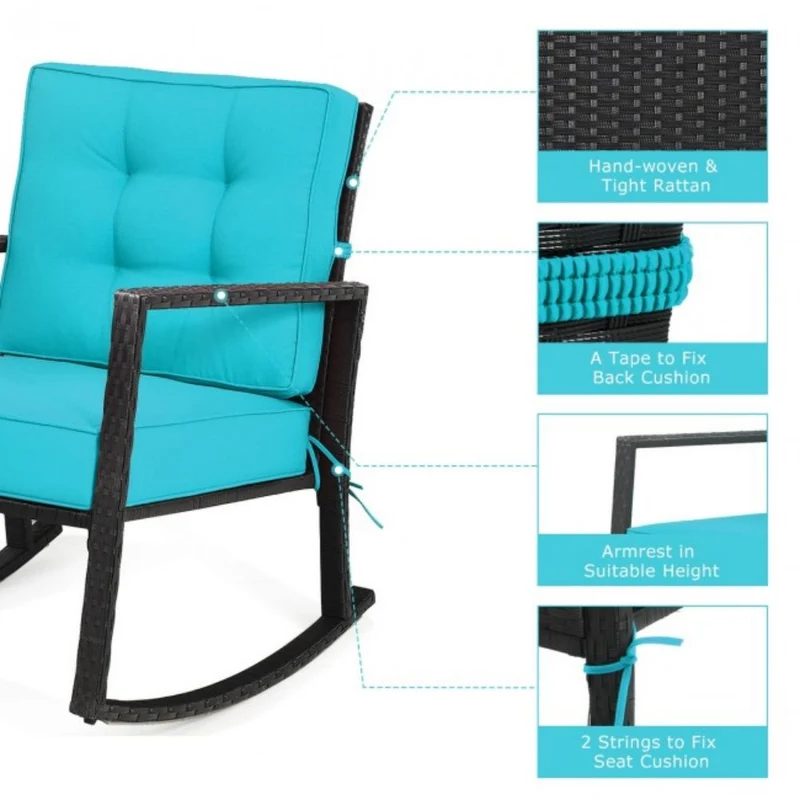 Patio Rattan Wicker Rocking Chair Outdoor Rocking Chair with Turquoise Cushions