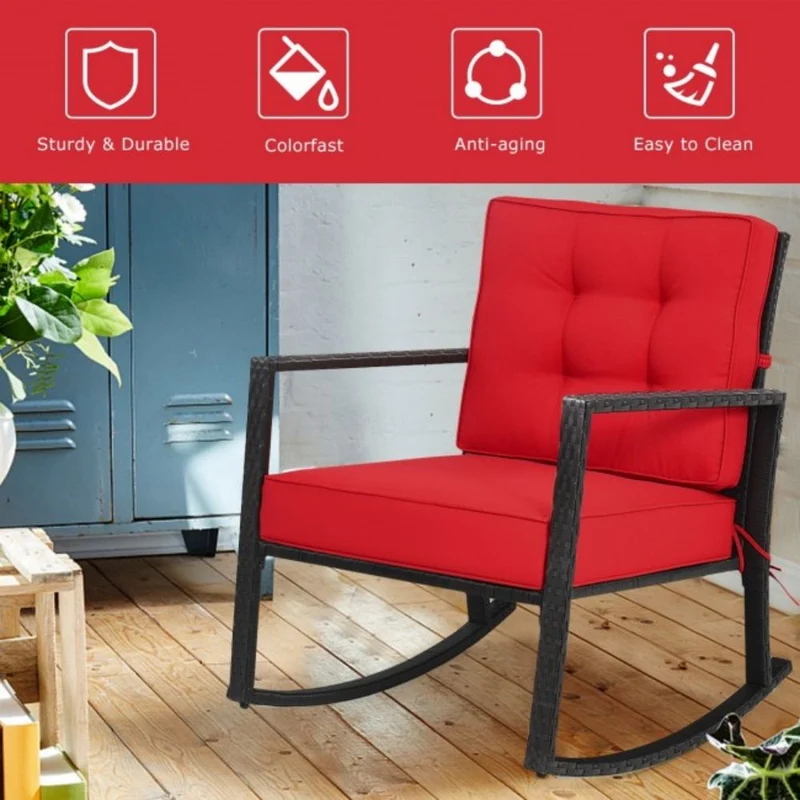 Patio Rattan Wicker Rocking Chair Outdoor Rocking Chair with Red Cushions