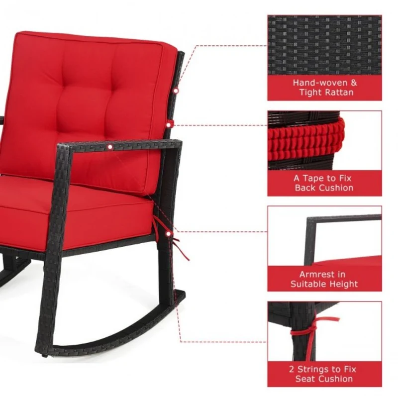 Patio Rattan Wicker Rocking Chair Outdoor Rocking Chair with Red Cushions