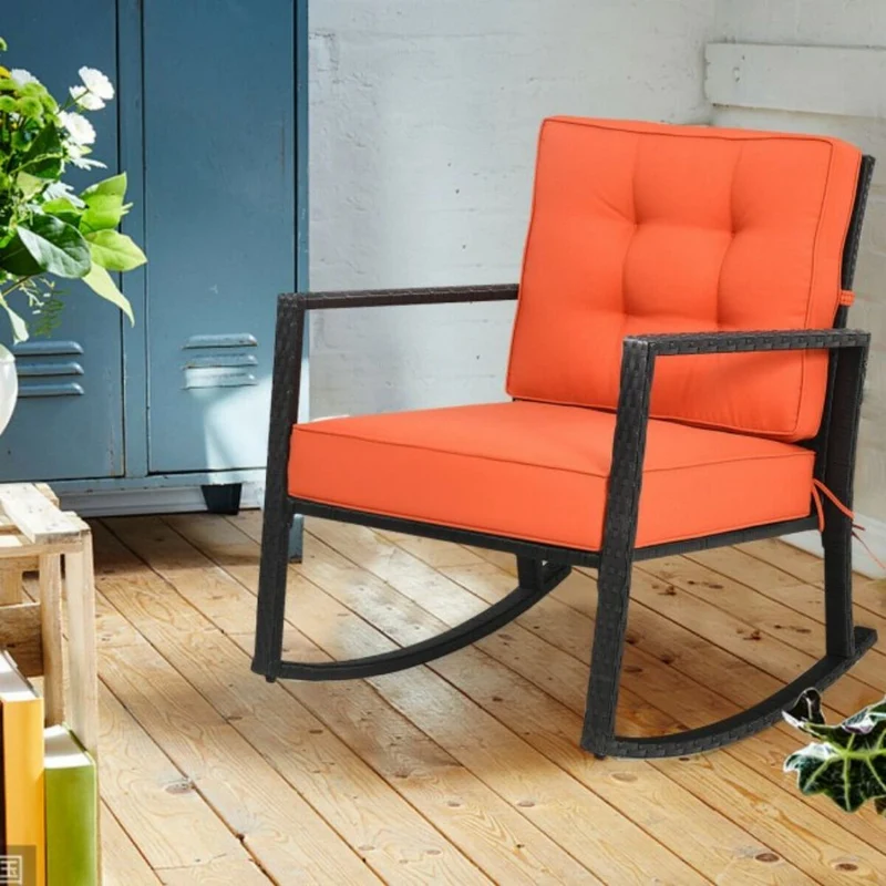 Patio Rattan Wicker Rocking Chair Outdoor Rocking Chair with Orange Cushions