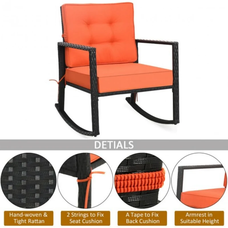 Patio Rattan Wicker Rocking Chair Outdoor Rocking Chair with Orange Cushions