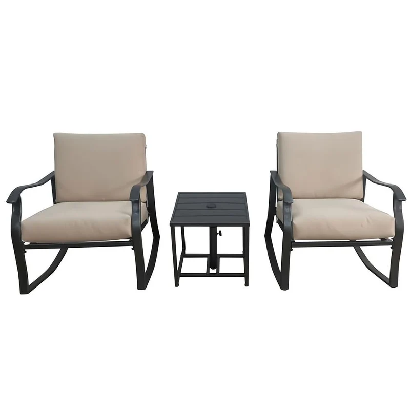3-Piece Patio Metal Outdoor Rocking Chair Set with Beige Cushions and Table