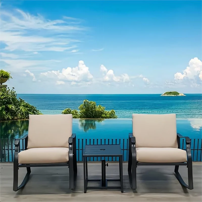 3-Piece Patio Metal Outdoor Rocking Chair Set with Beige Cushions and Table