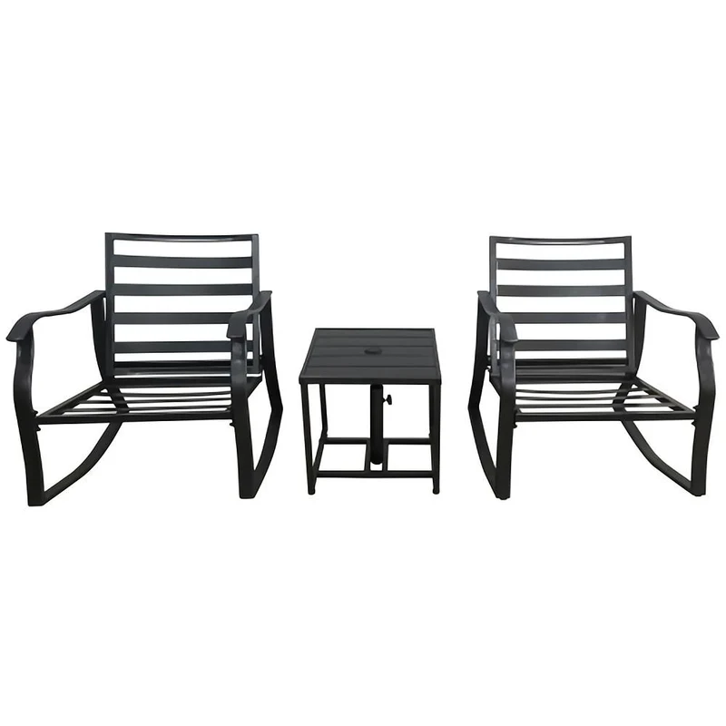 3-Piece Patio Metal Outdoor Rocking Chair Set with Beige Cushions and Table