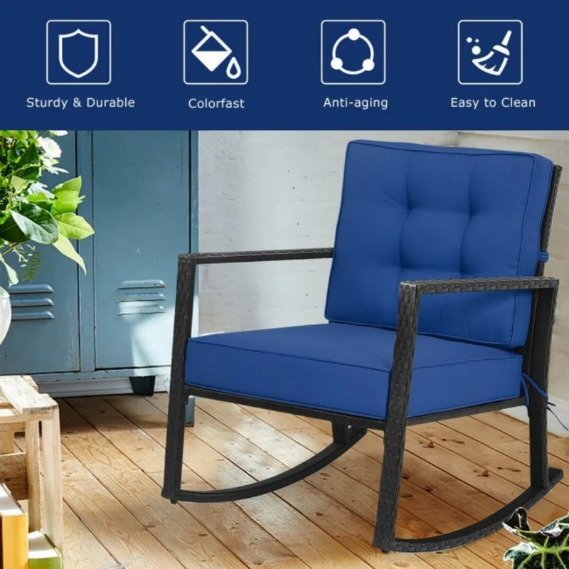 Patio Rattan Wicker Rocking Chair Outdoor Rocking Chair with Navy Cushions