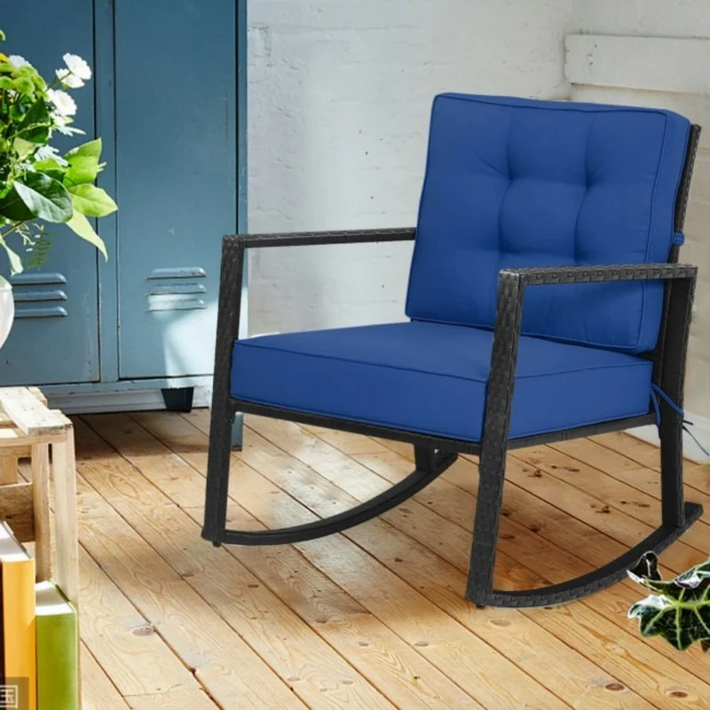 Patio Rattan Wicker Rocking Chair Outdoor Rocking Chair with Navy Cushions