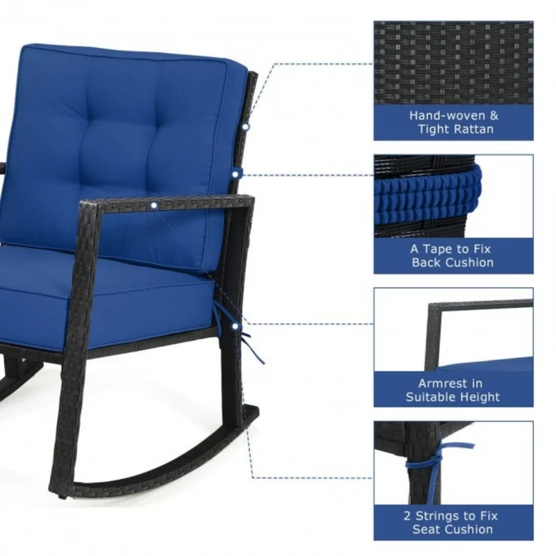 Patio Rattan Wicker Rocking Chair Outdoor Rocking Chair with Navy Cushions