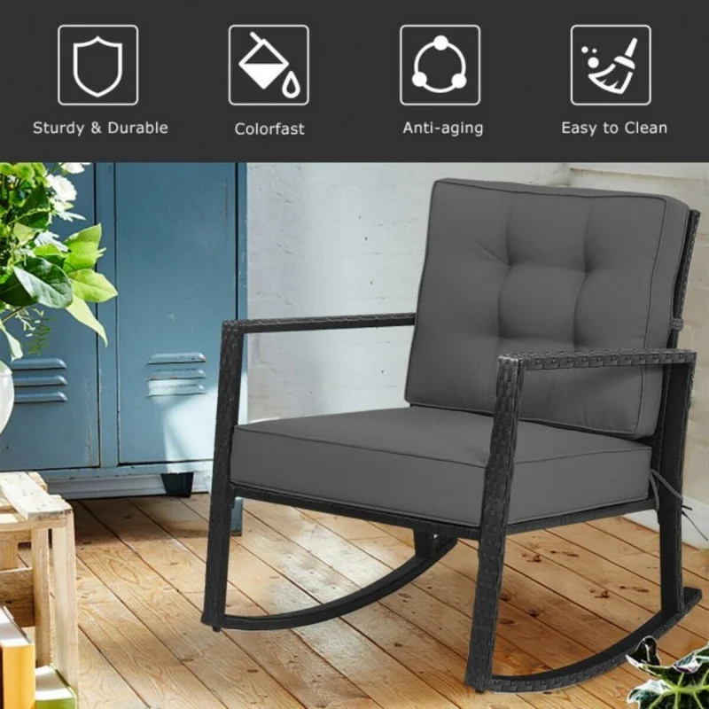 Patio Rattan Wicker Rocking Chair Outdoor Rocking Chair with Gray Cushions