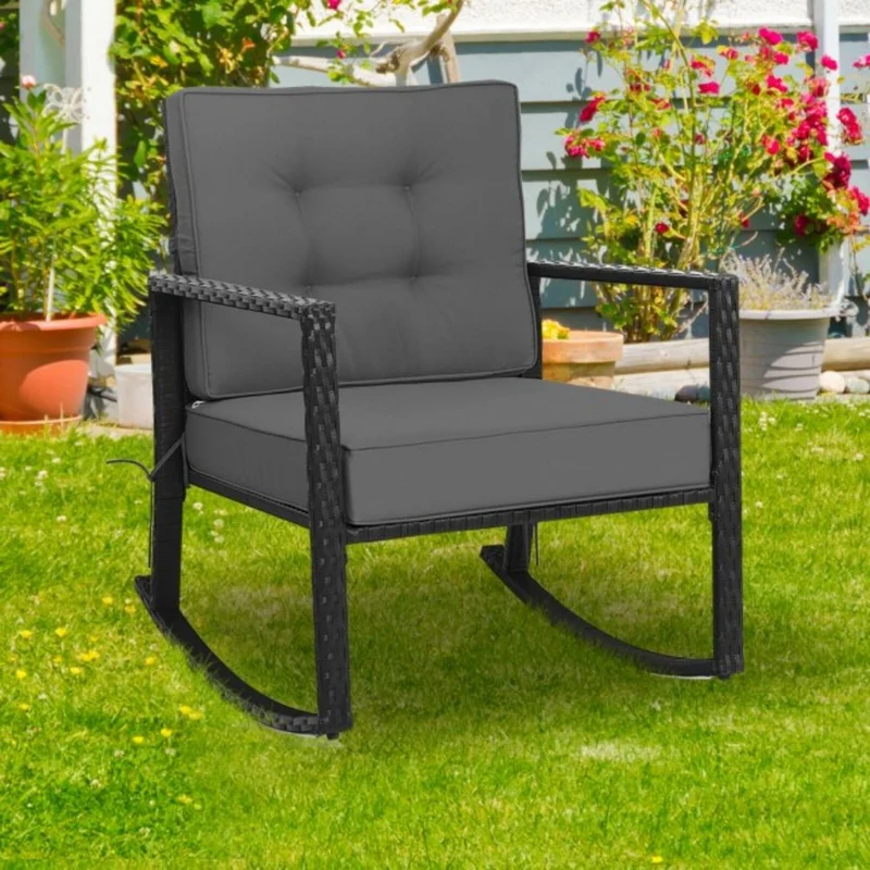 Patio Rattan Wicker Rocking Chair Outdoor Rocking Chair with Gray Cushions