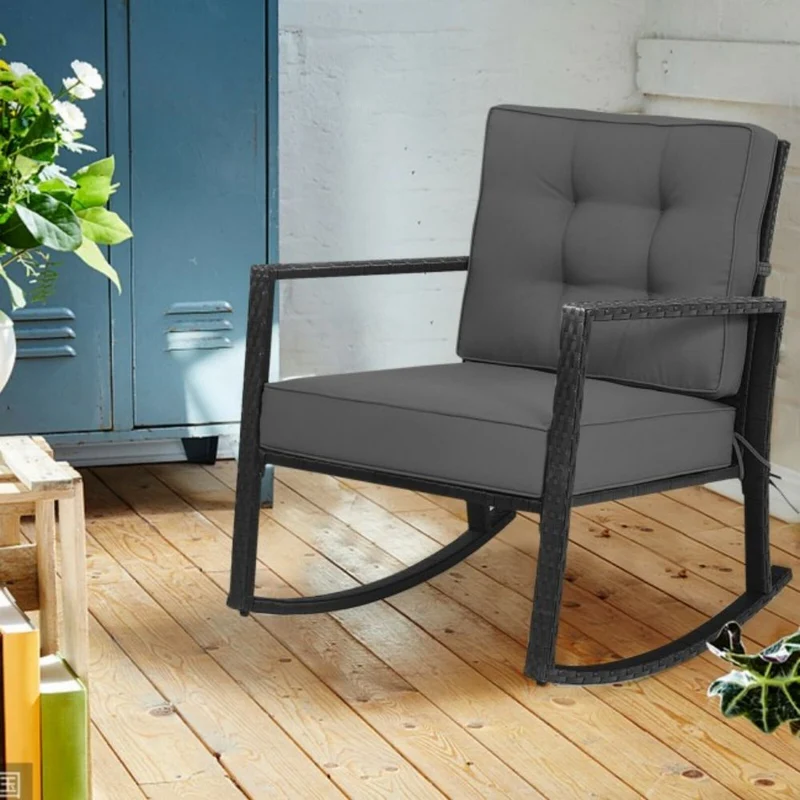 Patio Rattan Wicker Rocking Chair Outdoor Rocking Chair with Gray Cushions