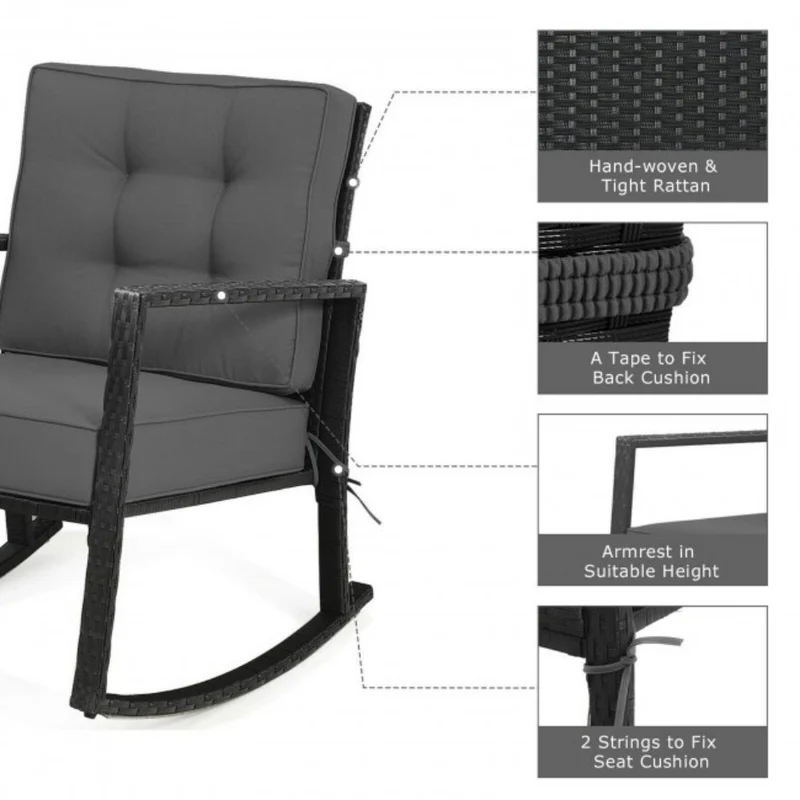 Patio Rattan Wicker Rocking Chair Outdoor Rocking Chair with Gray Cushions