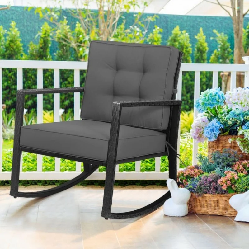 Patio Rattan Wicker Rocking Chair Outdoor Rocking Chair with Gray Cushions