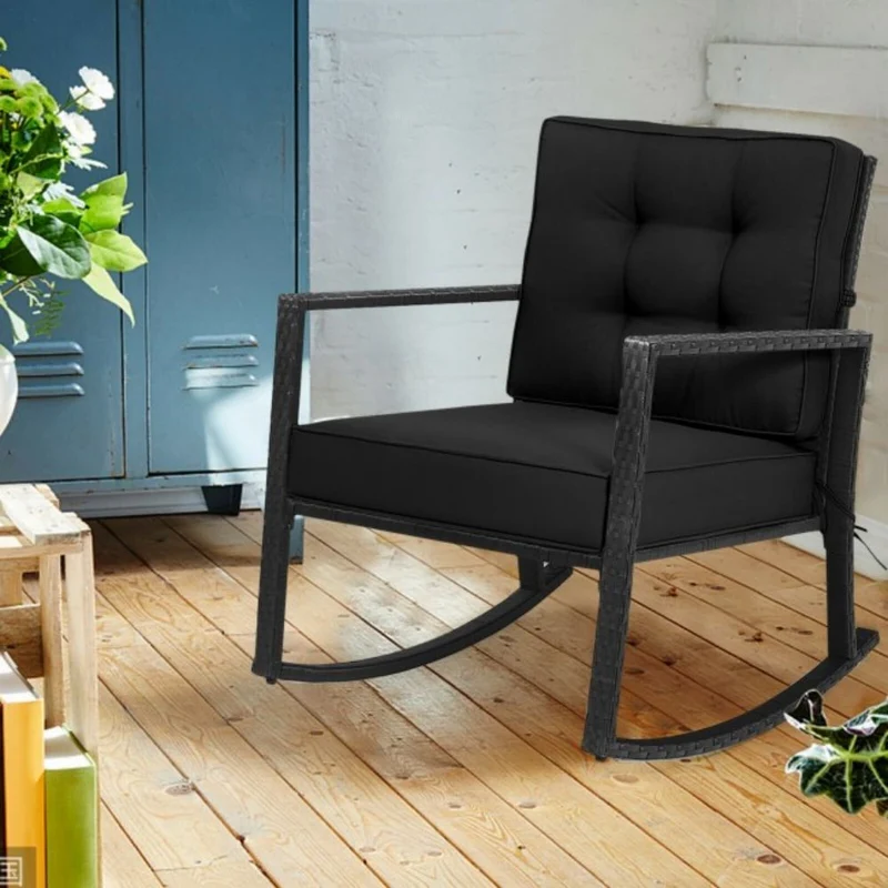 Patio Rattan Wicker Rocking Chair Outdoor Rocking Chair with Black Cushions