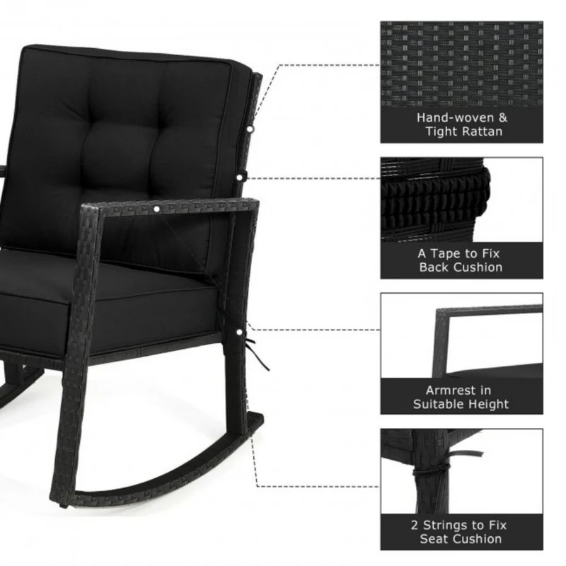 Patio Rattan Wicker Rocking Chair Outdoor Rocking Chair with Black Cushions