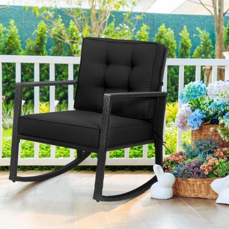 Patio Rattan Wicker Rocking Chair Outdoor Rocking Chair with Black Cushions
