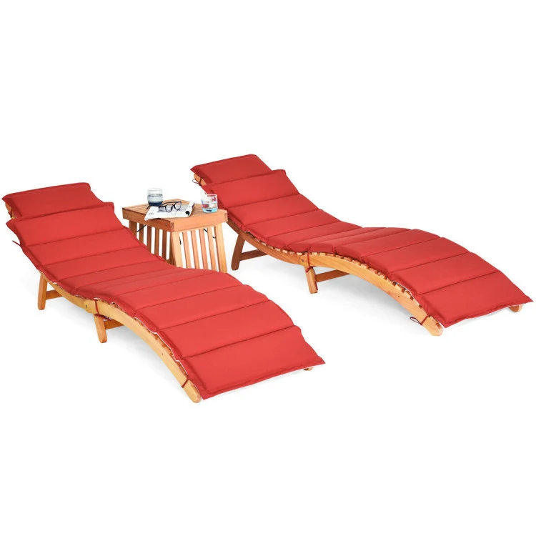 Natural Eucalyptus Folding Wood Outdoor Patio Lounge Chair with Cushion in Red (3-Packs)