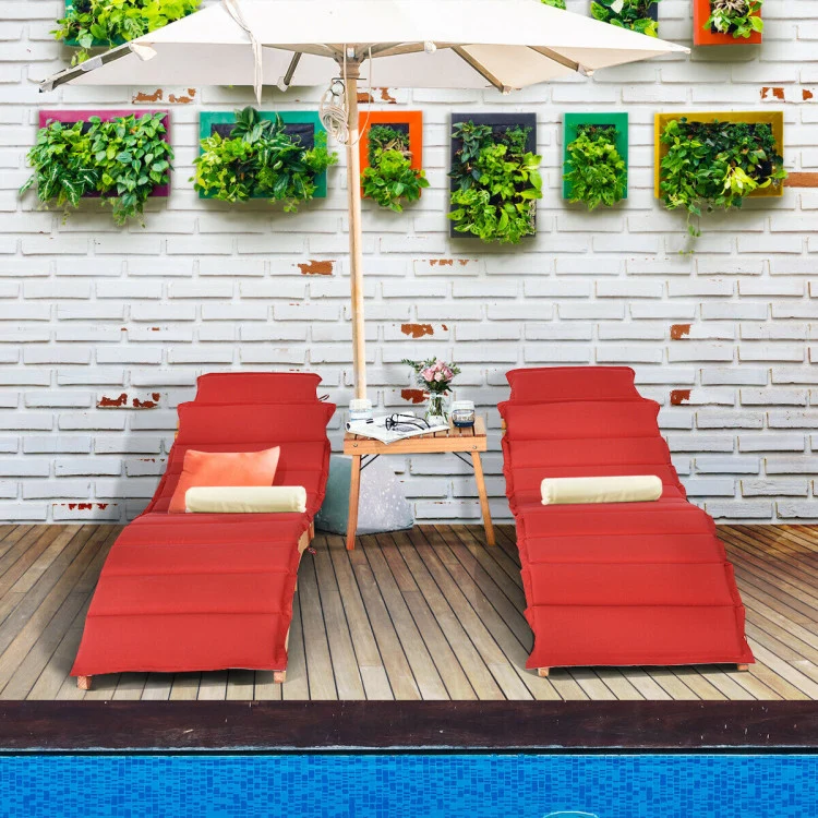 Natural Eucalyptus Folding Wood Outdoor Patio Lounge Chair with Cushion in Red (3-Packs)