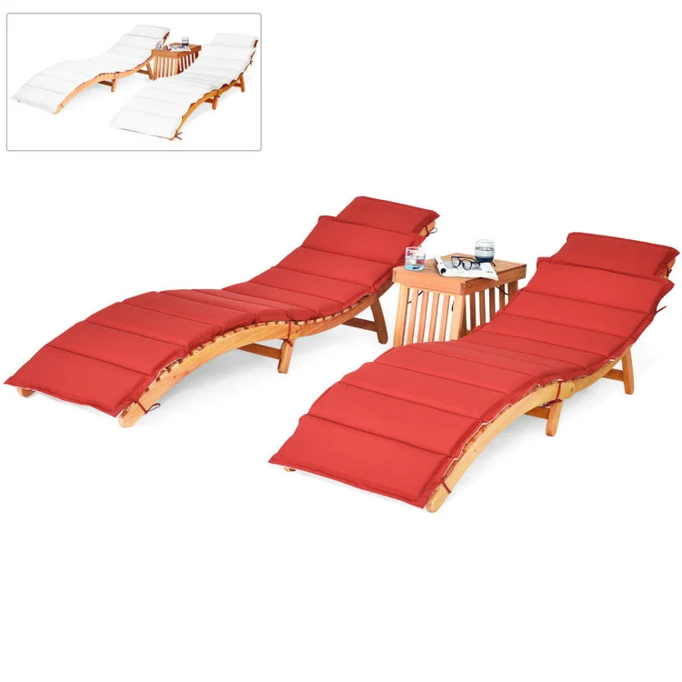 Natural Eucalyptus Folding Wood Outdoor Patio Lounge Chair with Cushion in Red (3-Packs)