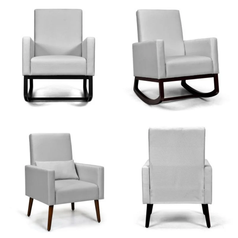 2-in-1 Wood Fabric Upholstered Patio Outdoor Rocking Chair in Light Gray with Cushion and Pillow