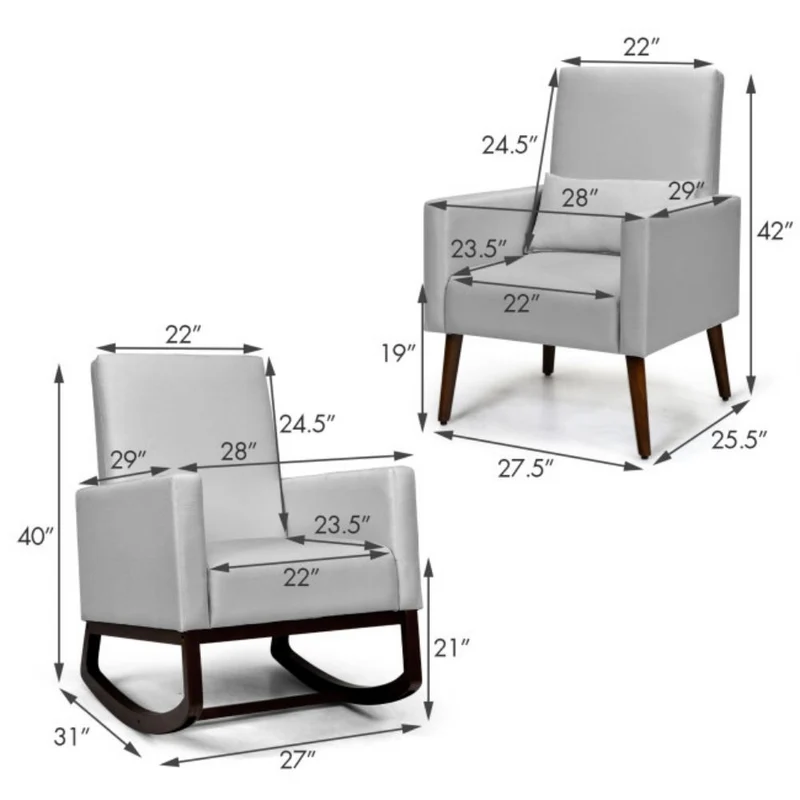2-in-1 Wood Fabric Upholstered Patio Outdoor Rocking Chair in Light Gray with Cushion and Pillow
